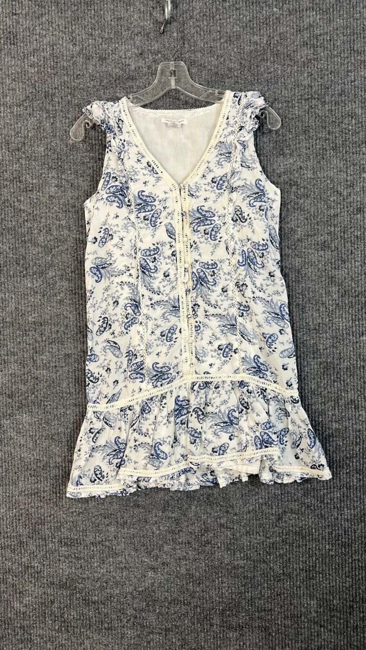 Lucky Brand Mini Dress Womens XS Blue White Cottage Bohemian Ruffle V Neck